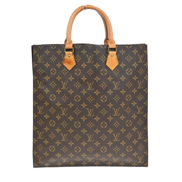 LOUIS VUITTON Logo Sac Plat Hand Tote Bag Monogram Leather Brown - Picture 1 of 5